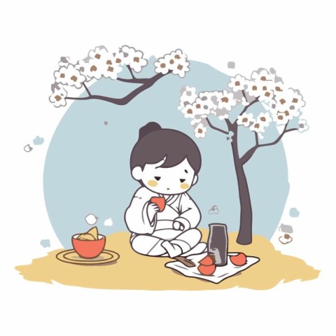 Illustration of a girl in a tea ceremony with a cup of tea