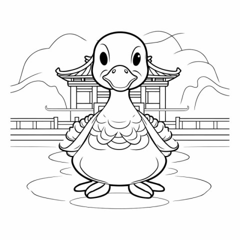 Illustration of a duck on a pond in a Japanese temple.