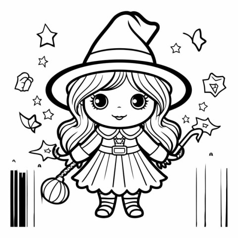 Cute cartoon witch with magic wand for coloring book.