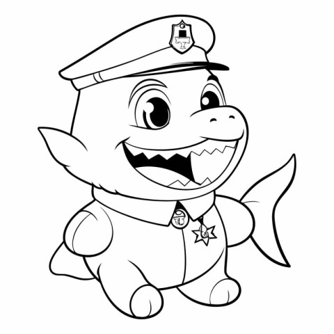 Black and White Cartoon Illustration of Cute Fish Policeman Char