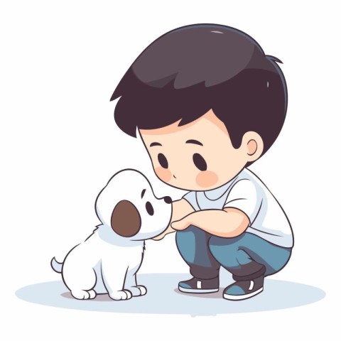 Cute little boy playing with a dog. Vector cartoon illustration.