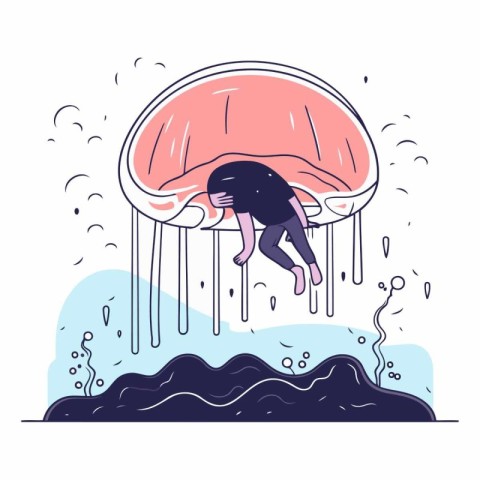 Cartoon vector illustration of a drowning man in a jellyfish.