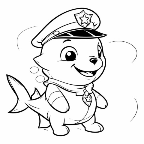 Black and White Cartoon Illustration of Cute Little Shark Sailor