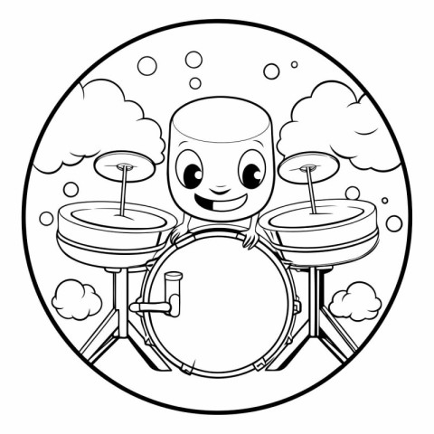 Black and white illustration of a drum set cartoon character in