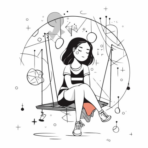 Vector illustration of a girl sitting on a swing and listening t