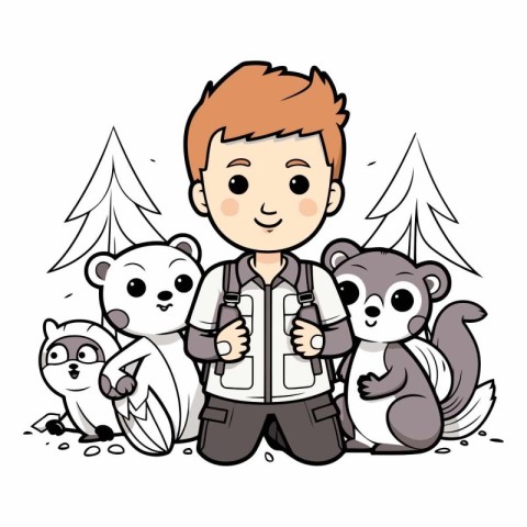 Cute little boy with a group of animals.