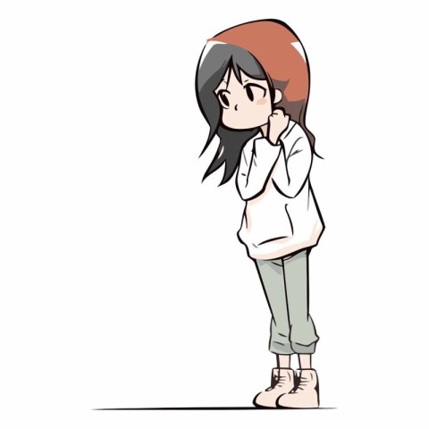 A young woman in casual clothes standing and thinking.