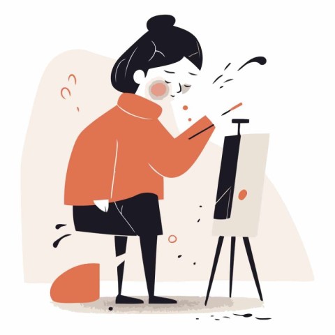 Woman artist painting a picture in her studio. Vector flat illus