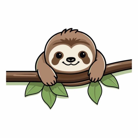 Cute cartoon sloth on a tree branch.