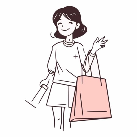 Illustration of a young woman holding shopping bags and showing