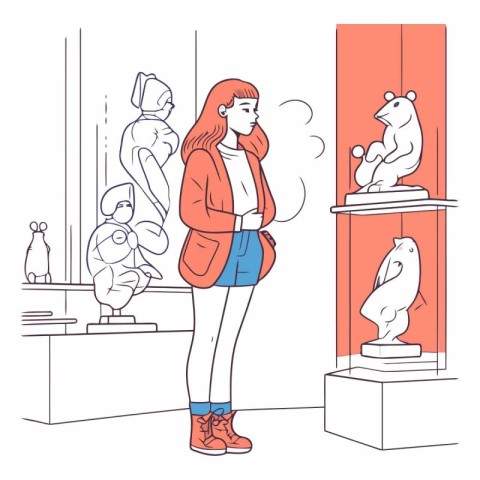 Woman looking at the exhibit in the museum in sketch style