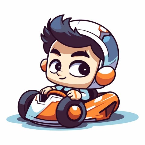 Vector illustration of a cartoon boy driving a race car on white