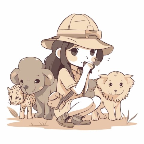 Illustration of a Little Girl in a Safari Gear with her Dog