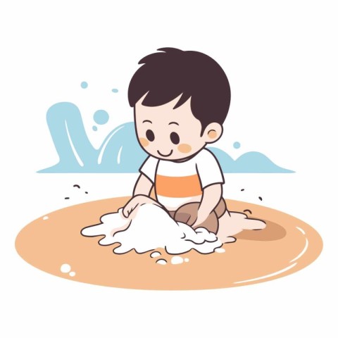 Cute baby boy playing in the sand on white background.