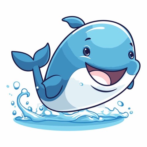 Cute cartoon whale in water isolated on white background.