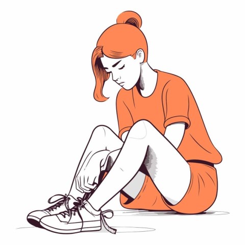 Young woman sitting on the floor in sketch style.