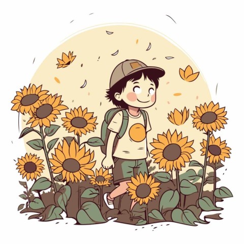 Boy in the field with sunflowers of a boy with a backpack.