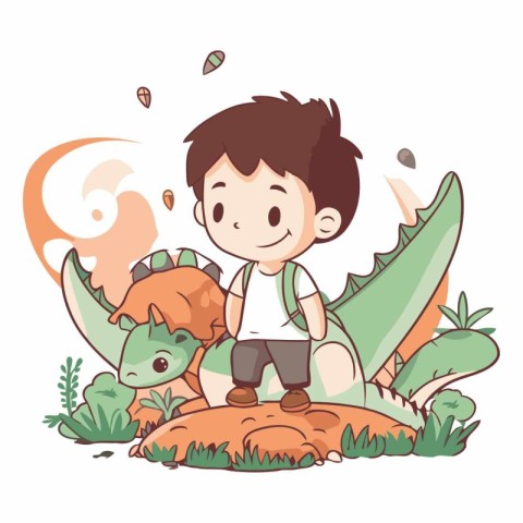 Cute boy playing with dinosaurs in the park.