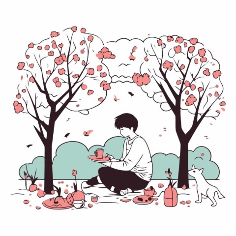 Vector illustration of a man drinking tea in the park with cherr