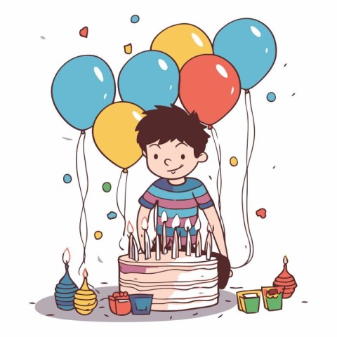 Cute boy with birthday cake and balloons. Hand drawn vector illu