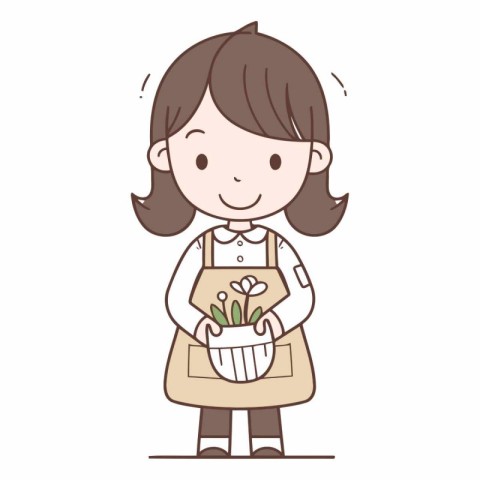 Illustration of a woman in apron holding a flower pot.