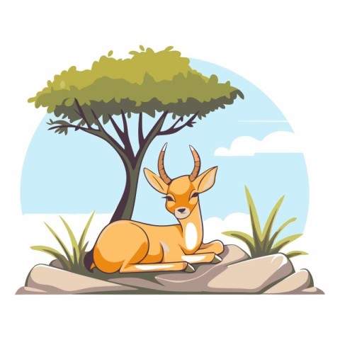 Antelope sitting on a rock under a tree.