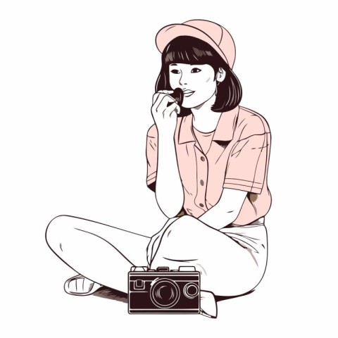 Young hipster woman sitting on the floor with camera