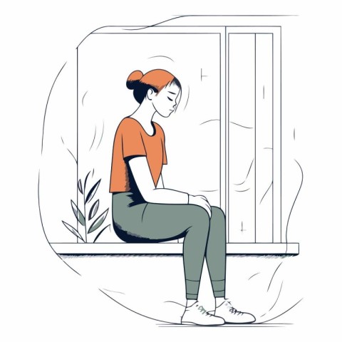 Sad woman sitting on the windowsill in sketch style.