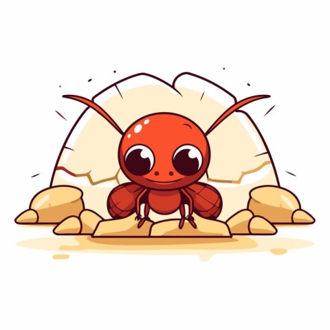 Cute cartoon red ant sitting on the stone.