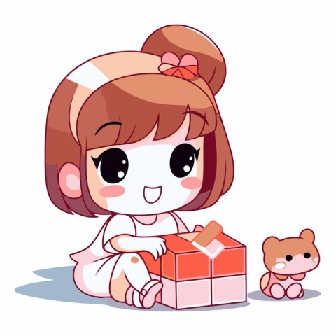 Cute cartoon girl with gift box and bear.