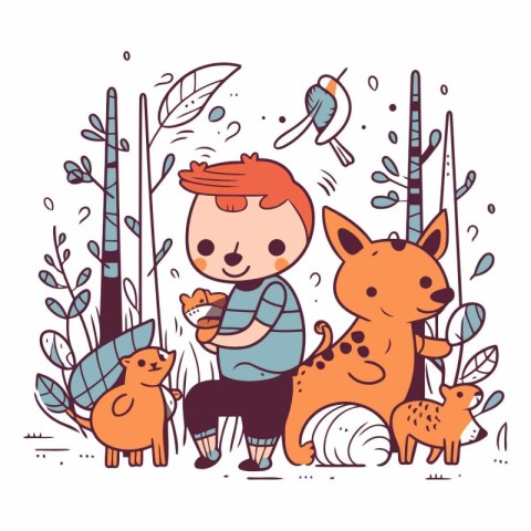 Vector illustration of a boy playing with dogs in the park. Cart