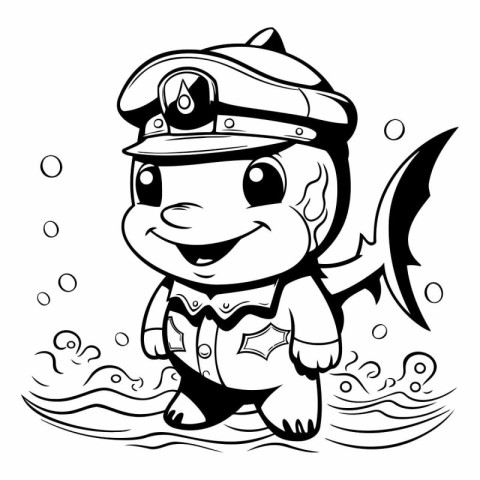 Black and White Cartoon Illustration of Cute Little Fish Captain