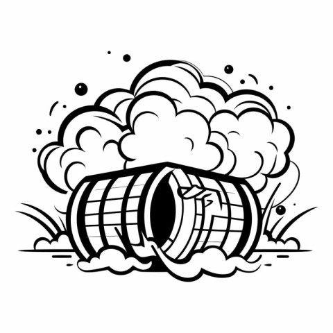 Black and White Cartoon Illustration of a Barrel with Smoke Comi