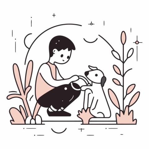 Boy playing with dog in the garden in linear style