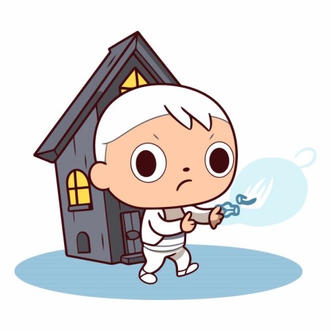 cute little boy with a house on a white background