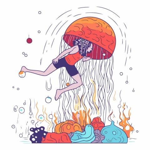 Cartoon illustration of a woman swimming in the sea with jellyfi