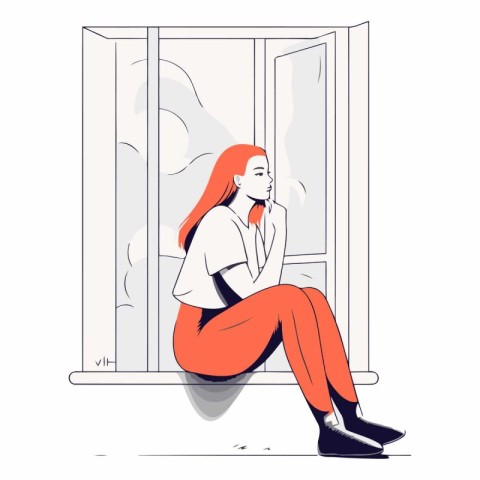 Sad girl sitting near the window in sketch style.