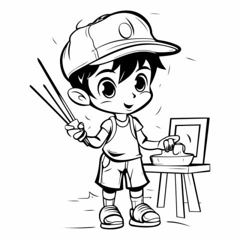 Illustration of a Kid Boy Wearing a Cap and Holding Chopsticks