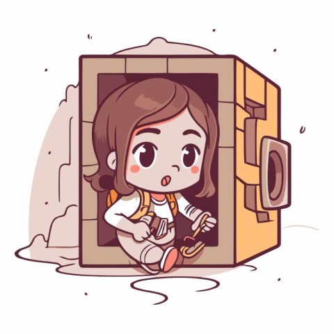 Illustration of a Kid Girl Playing with a Safe Box on a White Ba