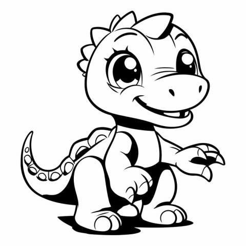 Cute Cartoon Dinosaur - Black and White Cartoon Illustration. Ve