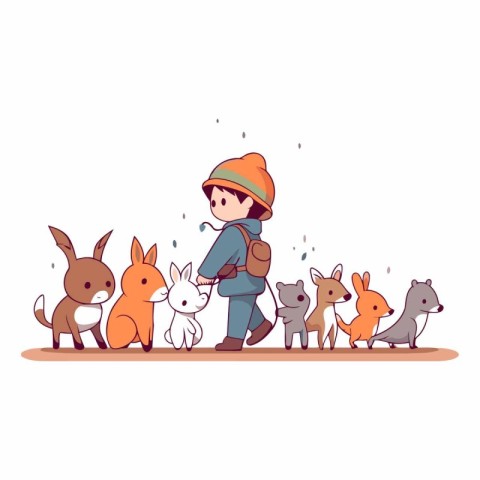 Little boy in a hat with a backpack walks with a group of rabbit