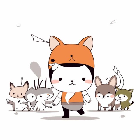 cute fox with many little animals. cartoon character