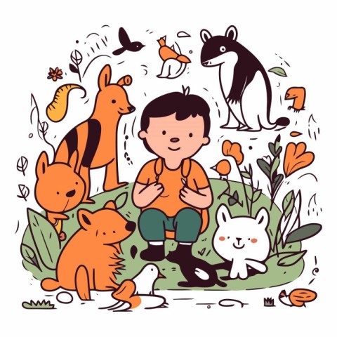 Vector illustration of a boy sitting in the grass with his pets.