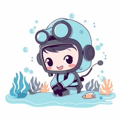 Cute little boy in diving suit and helmet. Cartoon vector illust