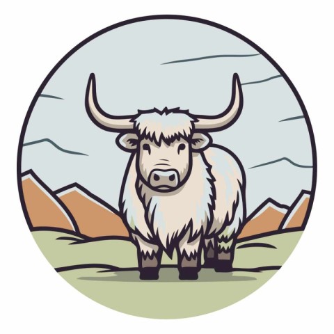 Vector illustration of a yak standing in the field with mountain