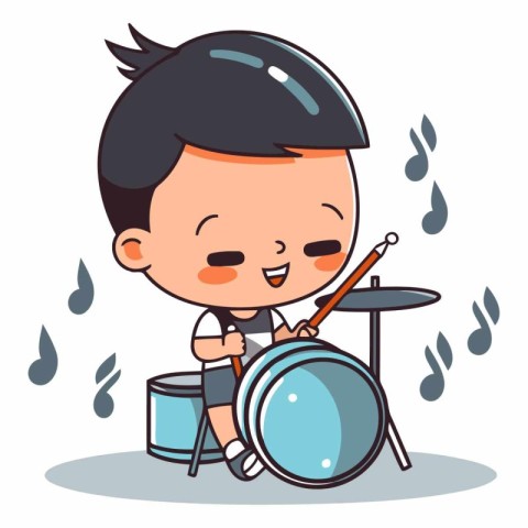 Cute Little Boy Playing Drums - Vector Character Cartoon Illustr