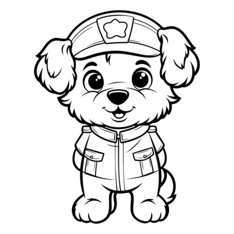 Black and White Cartoon Illustration of Cute Little Puppy Police