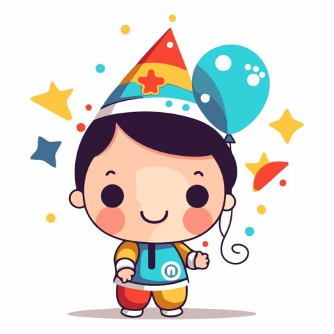 Cute little boy with party hat and balloons.