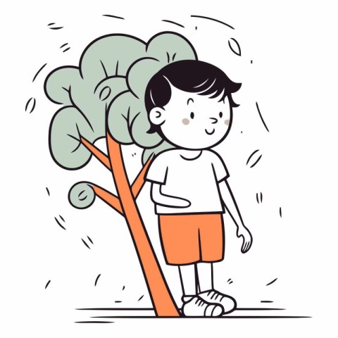 Boy standing near a tree in doodle style.