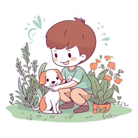 Cute boy with dog in the garden in cartoon style.